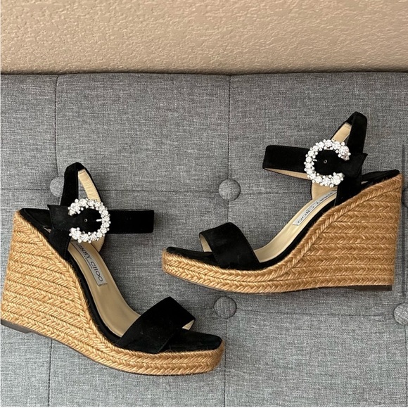 Jimmy Choo Crystal Embellished Buckle Espadrille Wedge Heels Shoes Black Leather - Picture 2 of 9